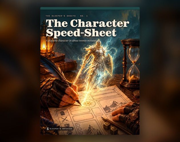 Cover of Character Speed-Sheet: hands filling in a character sheet by lamplight beside an hourglass and dice as a glowing warrior rises from the page
