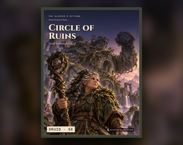 Cover of Circle of Ruins: an older dwarf druid with moss in her braids, a huge guardian of roots and old masonry rising behind her