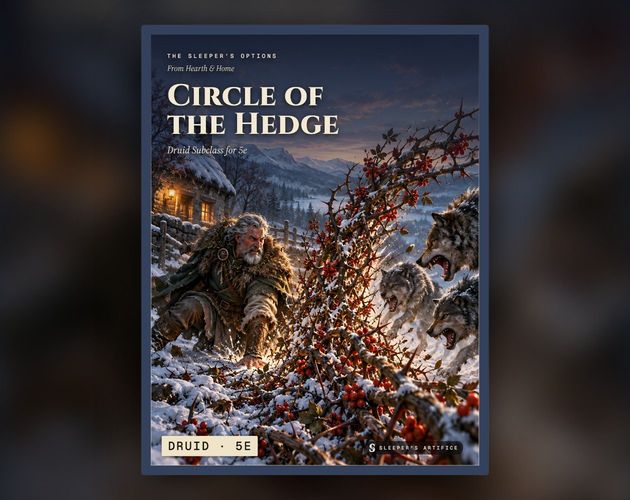 Cover of Circle of the Hedge: a grey-bearded druid pressing his palm to frozen ground as a thorn hedge erupts between a cottage and snarling wolves