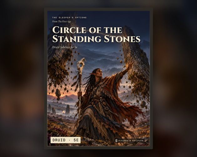 Cover of Circle of the Standing Stones: a druid raising two standing stones out of a moor, a line of light snapping between them