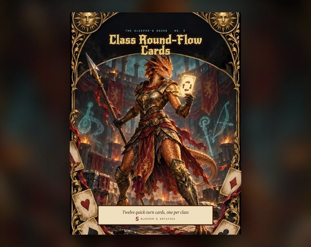Cover of Class Round-Flow Cards: a copper-scaled dragonborn fighter glancing at a glowing card mid-turn in an arena, framed like an ornate tarot card