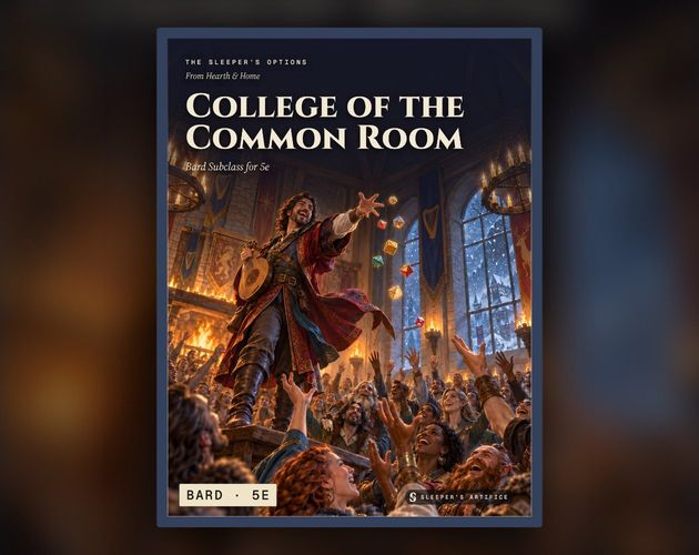 Cover of College of the Common Room: a bard standing on a bench leading a packed winter hall in song, flicking small glowing dice to raised hands