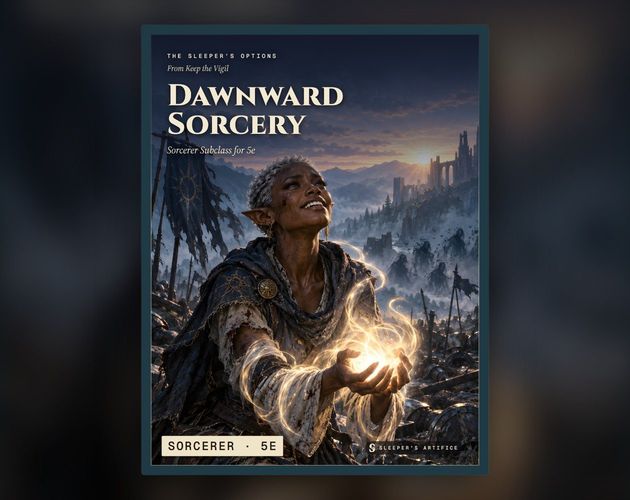 Cover of Dawnward Sorcery: an exhausted elf sorceress gathering the first light of dawn into her hands after a long night's fight