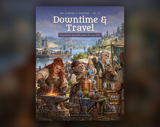 Cover of Downtime & Travel: a dwarf smith, a gnome alchemist and a half-elf fletcher at work in a sunny riverside market camp