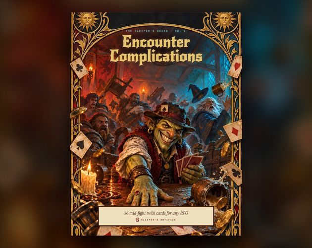 Cover of Encounter Complications: a grinning goblin card sharp in a battered hat slapping a card down mid-brawl, framed like an ornate tarot card
