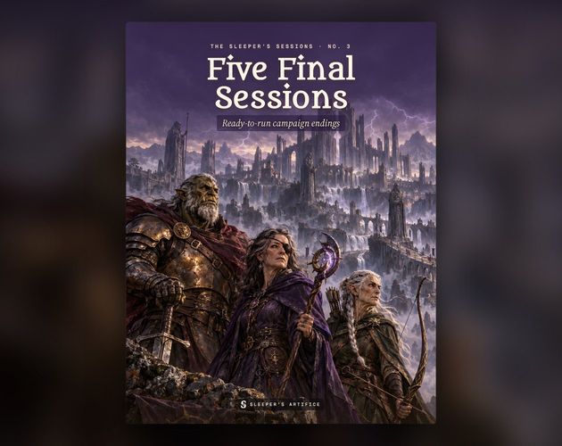 Cover of Five Final Sessions: three veteran heroes on a storm-lit cliff before a vast fallen citadel