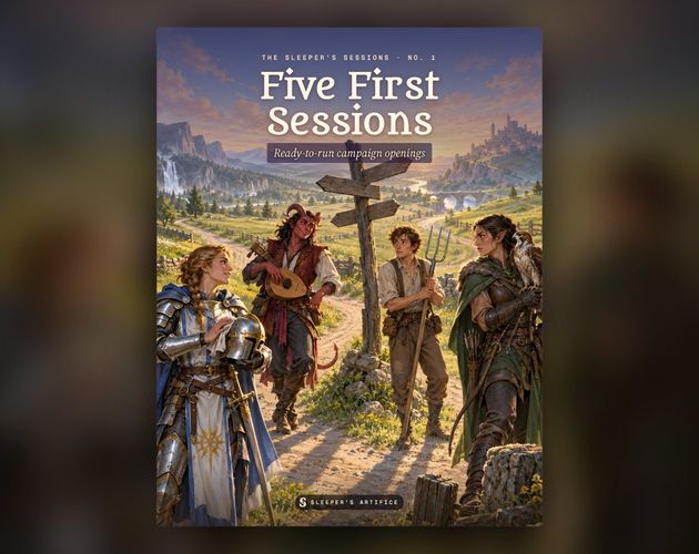Cover of Five First Sessions: four new adventurers meeting at a crossroads signpost at sunrise above green hills