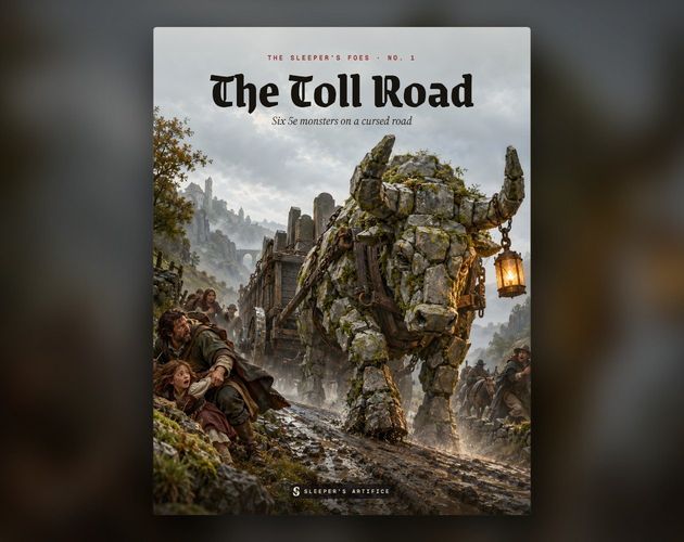 Cover of The Toll Road: a huge ox built of mossy headstones hauling a cart down an old road as travellers scramble aside