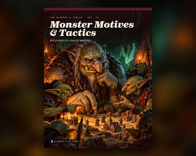Cover of Monster Motives & Tactics: a huge troll in cracked spectacles plotting over a model village while goblin lieutenants argue beside him