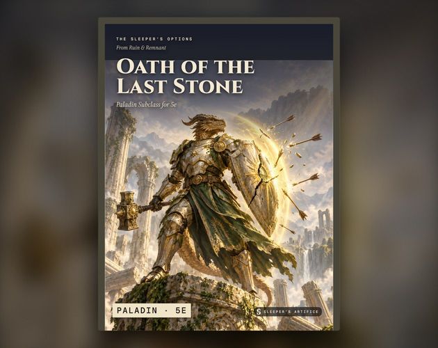 Cover of Oath of the Last Stone: a bronze-scaled dragonborn paladin on the last standing pillar as arrows break against his aura