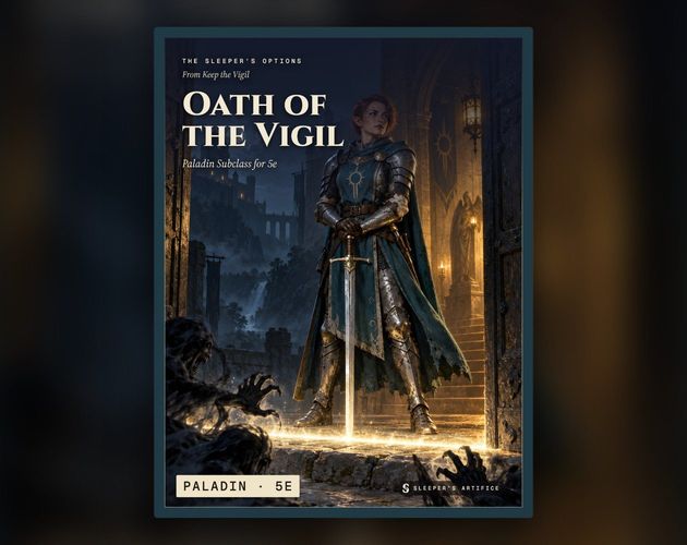 Cover of Oath of the Vigil: a red-haired paladin standing in a castle doorway at night, a line of light at her feet that shadows cannot cross