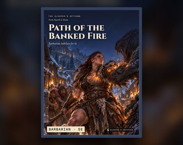 Cover of Path of the Banked Fire: a scarred barbarian taking a monster's blows in a snowy lane, the hits sinking into embers glowing in her chest
