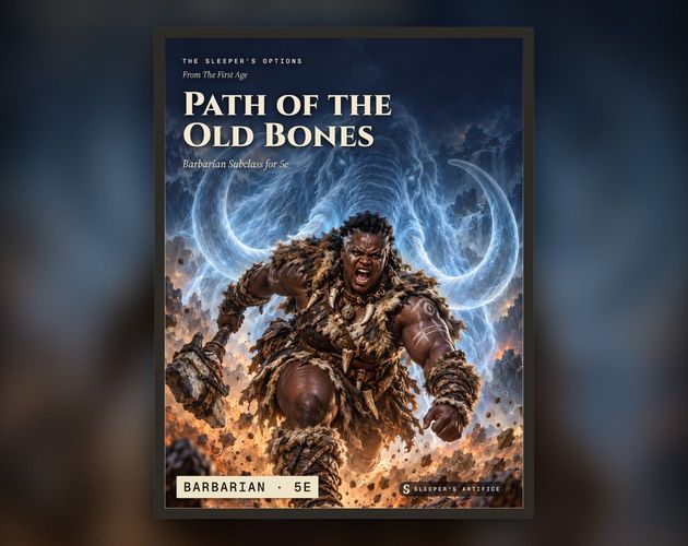 Cover of Path of the Old Bones: a barbarian charging mid-rage inside the ghostly shape of a woolly mammoth