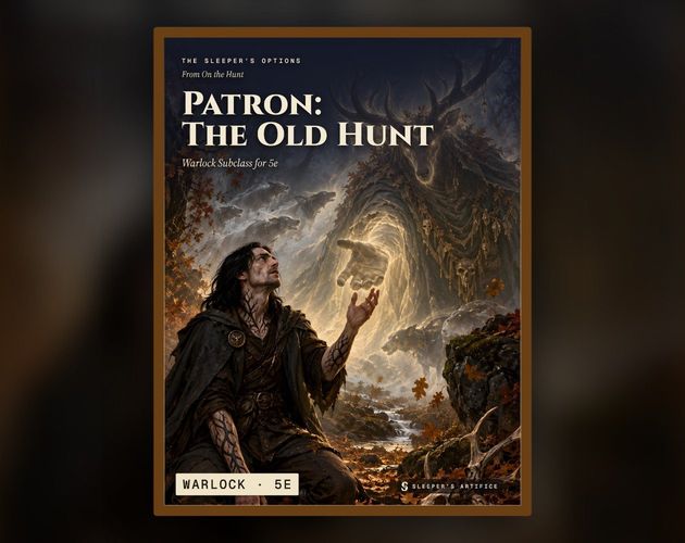 Cover of The Old Hunt: a warlock kneeling in a dark autumn wood before a giant spectral antlered huntsman