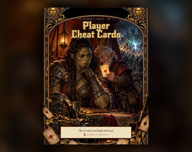 Cover of Player Cheat Cards: a sly old gnome whispering a forgotten rule to a scarred half-orc fighter in a war tent, framed like an ornate tarot card