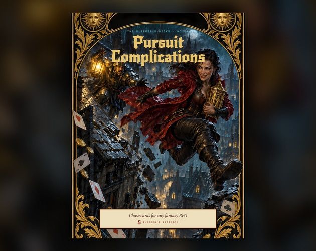 Cover of Pursuit Complications: a thief in a red coat vaulting between rain-soaked rooftops with a stolen reliquary as a lantern-bearing captain lunges after her, framed like an ornate tarot card