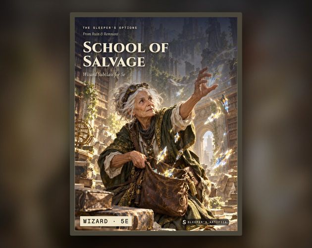 Cover of School of Salvage: a white-haired old wizard in goggles catching glittering scraps of spent spells in a ruined library