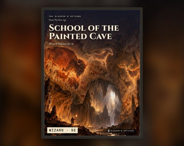 Cover of School of the Painted Cave: a tiny figure with a torch in a vast cave as giant prehistoric paintings step off the walls