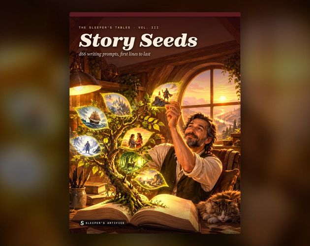 Cover of Story Seeds: an author in a sunset attic reaching for glowing story scenes that grow like leaves from a tree rising out of an open book