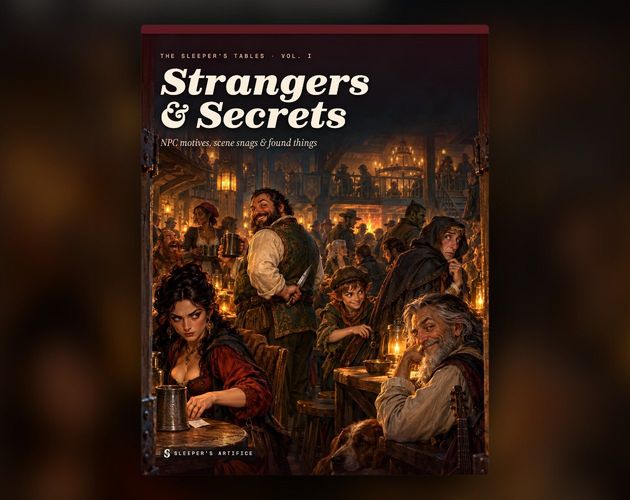 Cover of Strangers & Secrets: a crowded, candlelit tavern where every patron hides something, a knife behind one back and a note slipped under a mug