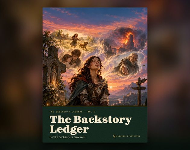 Cover of The Backstory Ledger: a young adventurer kneeling at a roadside shrine at dusk as painted memories rise around her like smoke