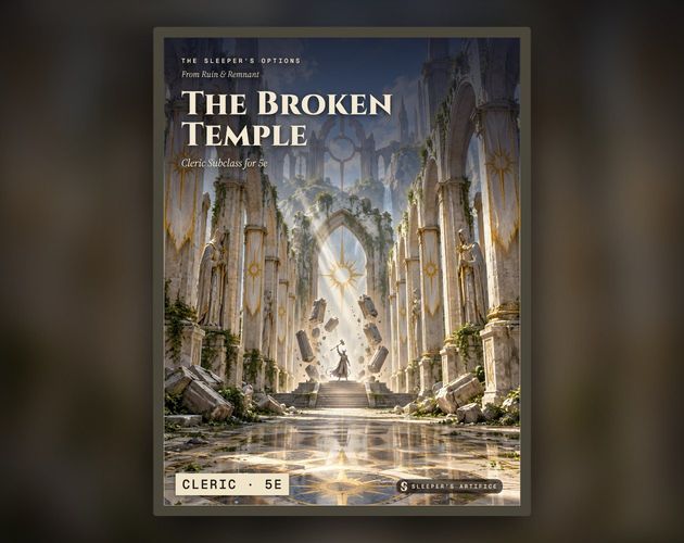 Cover of The Broken Temple: a small cleric at the altar of a roofless temple raising a hammer as rubble lifts into a protective ring