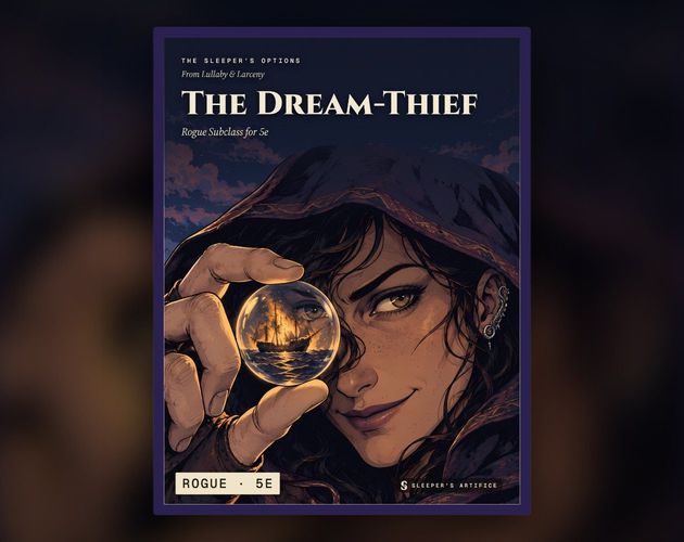 Cover of The Dream-Thief: a hooded rogue with a sly smile holding up a glass bead with a tiny burning ship inside it