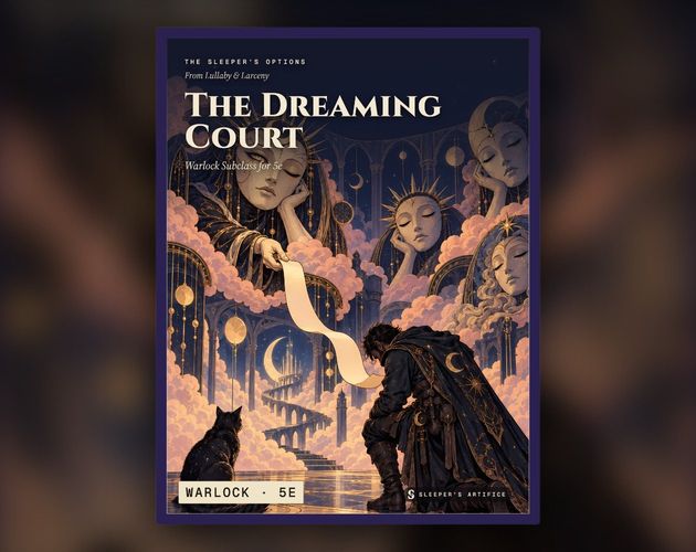 Cover of The Dreaming Court: a warlock bowing before giant sleeping masks on cloud thrones, one handing down an errand on a ribbon