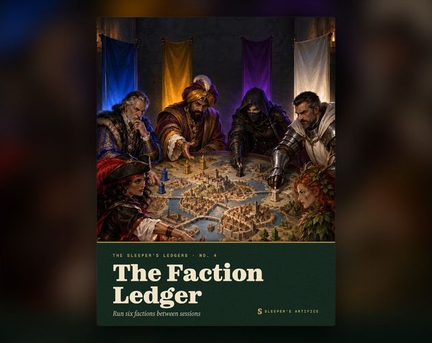 Cover of The Faction Ledger: six rival emissaries moving tokens across a city map on a round table, each lit by their own banner's color