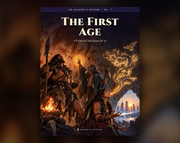 Cover of The First Age: a barbarian, a wizard and a sorcerer in a torchlit painted cave, glowing glyphs pouring through the air