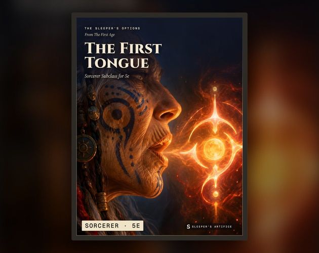 Cover of The First Tongue: an elder sorceress in profile speaking a single glowing glyph into the air
