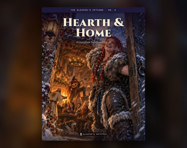 Cover of Hearth & Home: a grinning red-haired barbarian bracing an inn door against a snowstorm, the warm common room behind her