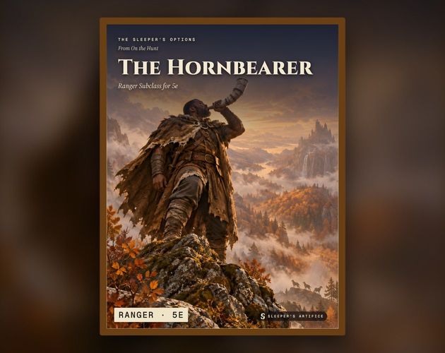 Cover of The Hornbearer: a lone hunter in a hide cloak blowing a pale bone horn on a misty tor in autumn