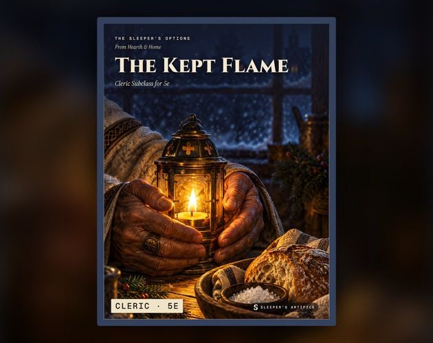 Cover of The Kept Flame: old, scarred hands cupping a small flame in a brass lantern beside a bowl of bread and salt, snow falling outside