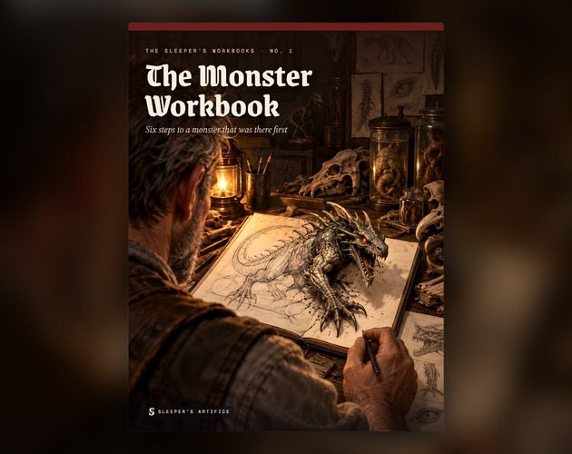 Cover of The Monster Workbook: over a designer's shoulder as a sketched dragon-like creature climbs up off the page of his workbook
