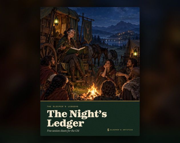 Cover of The Night's Ledger: a storyteller on a wagon step reading from a green ledger to travellers around a campfire under the stars