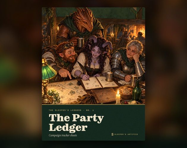 Cover of The Party Ledger: a tiefling, a gnome, a grey-haired knight and a dragonborn crowded over a ledger and map under a green lamp