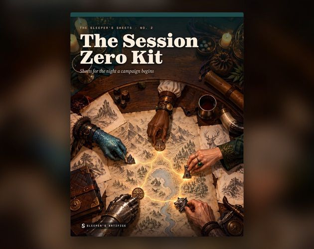 Cover of The Session Zero Kit: five different hands placing tokens and sketches on a blank map on a round table, its first roads glowing