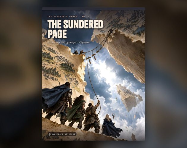 Cover of The Sundered Page: travellers at the ripped edge of a world made of paper, looking across a blank white chasm to the torn piece beyond