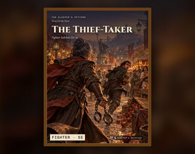 Cover of The Thief-Taker: over a bounty hunter's shoulder as she closes on a fleeing thief in a crowded autumn market, manacles in hand