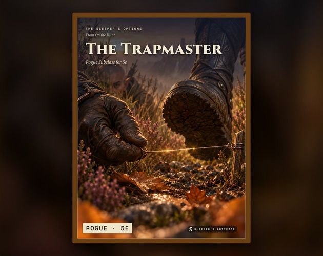 Cover of The Trapmaster: a close-up of a gloved hand pulling a snare wire taut as an armoured boot steps toward it through the heather