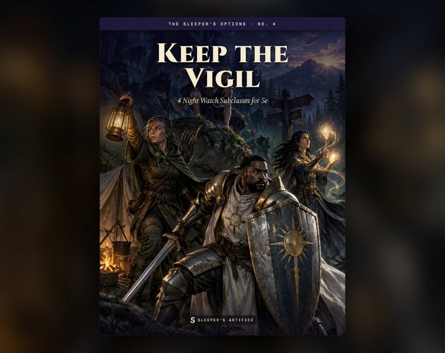 Cover of Keep the Vigil: four night watchers holding a lantern-lit crossroads camp, a paladin's sun shield raised