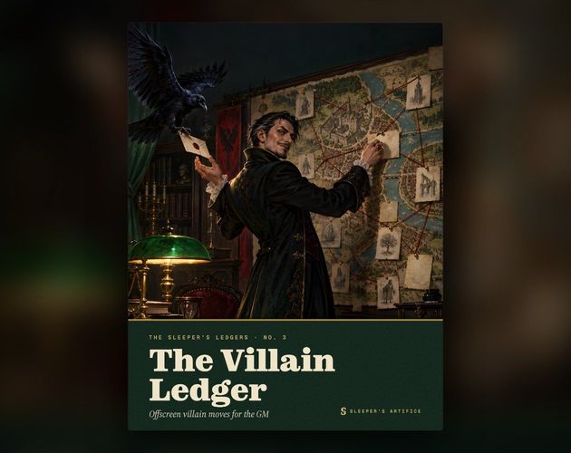 Cover of The Villain Ledger: a sharp-dressed villain pinning notes and red thread to a wall map under a green lamp as a raven brings a letter