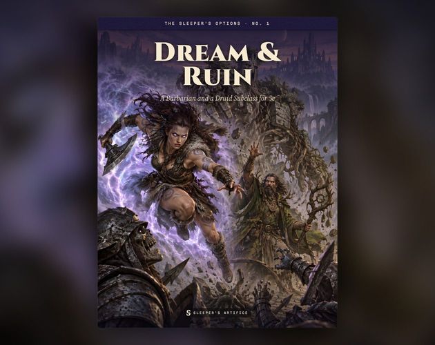 Cover of Dream & Ruin: a barbarian bursting through violet dream mist beside a druid raising a guardian of root and stone