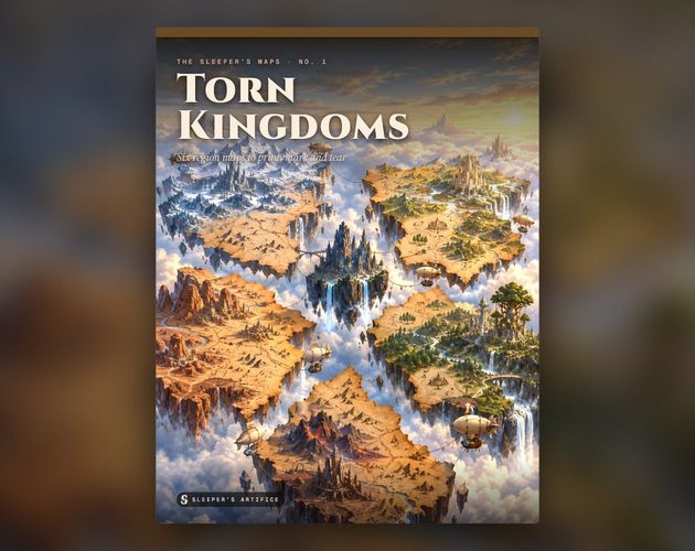 Cover of Torn Kingdoms: kingdoms made of torn map parchment drifting apart over a sea of clouds while small airships stitch them together
