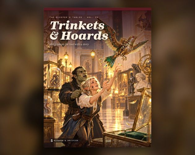 Cover of Trinkets & Hoards: an elf clerk on tiptoe grabbing at a jewelled mechanical bird escaping its case in a lamplit museum, an orc guard holding her back by the collar