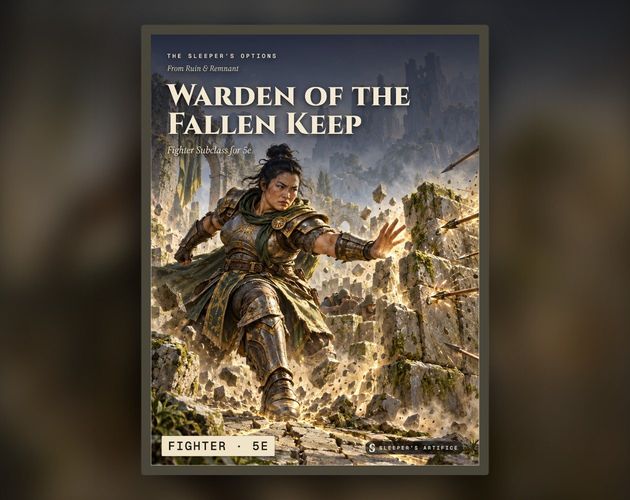 Cover of Warden of the Fallen Keep: a fighter stamping low stone walls up out of a ruined courtyard as crossbow bolts spark off them