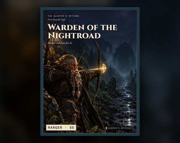 Cover of Warden of the Nightroad: an elderly dwarf ranger with a lantern pole drawing his bow on a dark forest road