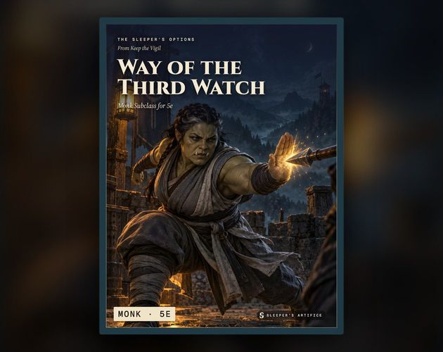 Cover of Way of the Third Watch: a half-orc monk stopping a spear with an open palm at a starlit sentry post