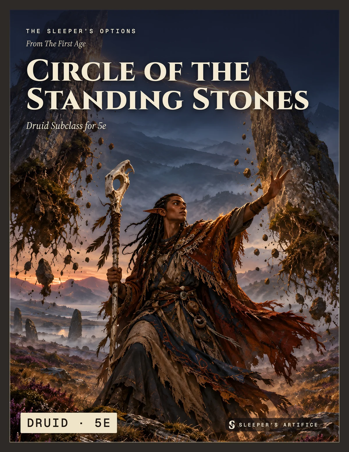 Cover of Circle of the Standing Stones: a druid raising two standing stones out of a moor, a line of light snapping between them